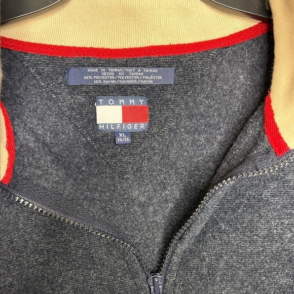 Vintage 90s Tommy Hilfiger Knit Half Zip Spellout Streetwear Sweatshirt XL - Picture 2 of 12